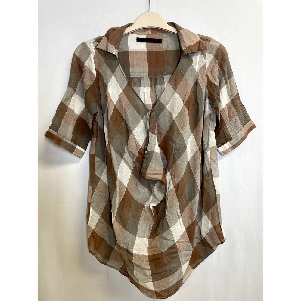 NICHOLAS K Lightweight Draped Checkered Plaid Blouse Short Sleeve Size XS
